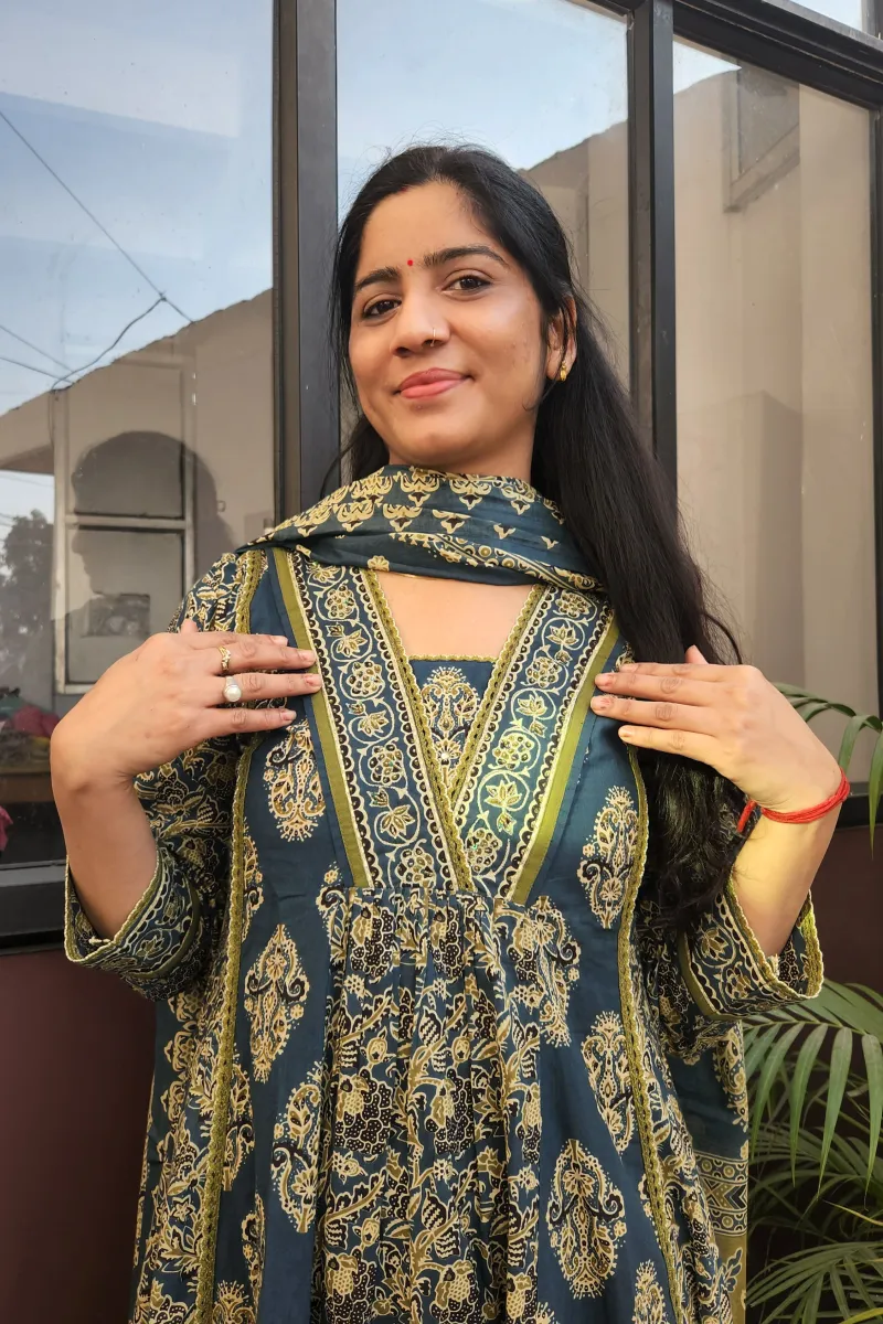 Elegant Dark Teal Cotton Anarkali Kurti Set with Dupatta - image 5