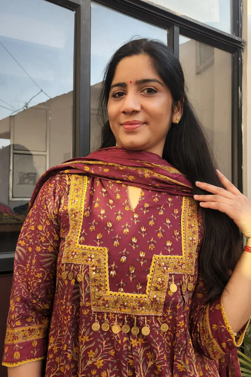 Elegant Rust Cotton Anarkali Kurti Set with Dupatta - image 4