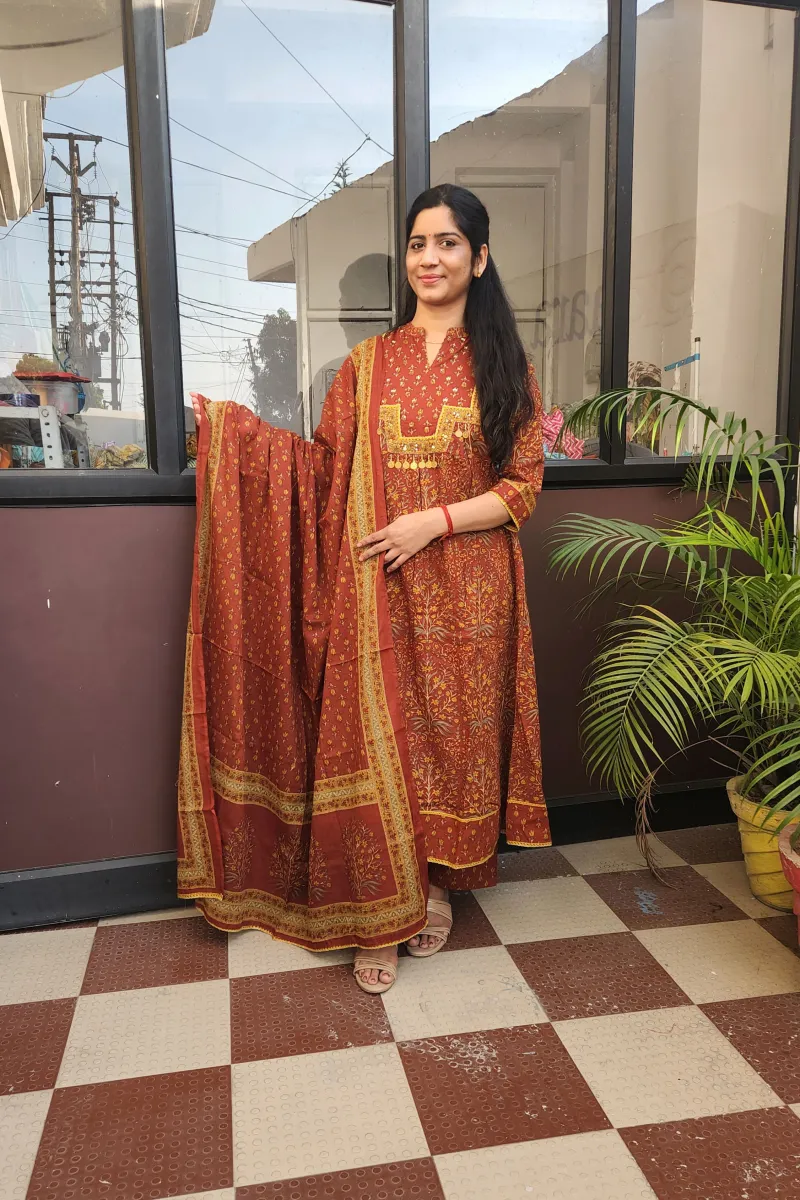 Elegant Rust Cotton Anarkali Kurti Set with Dupatta - image 2