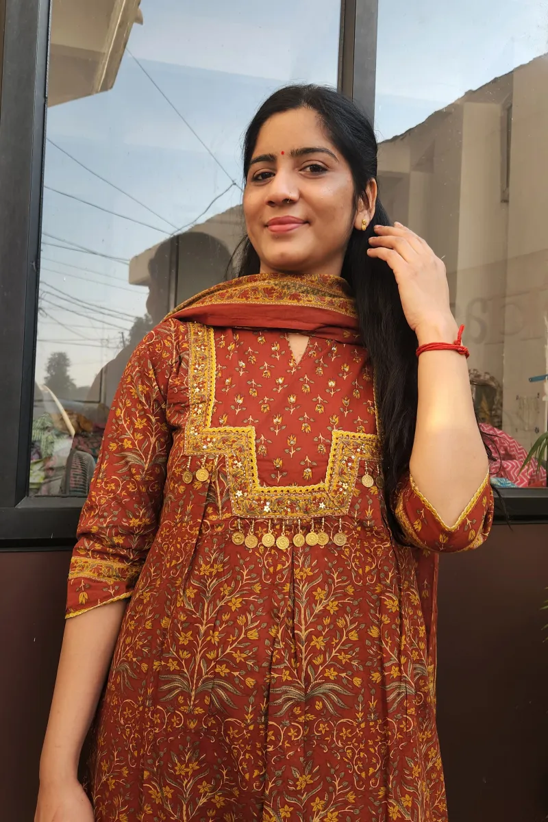 Elegant Rust Cotton Anarkali Kurti Set with Dupatta - image 3