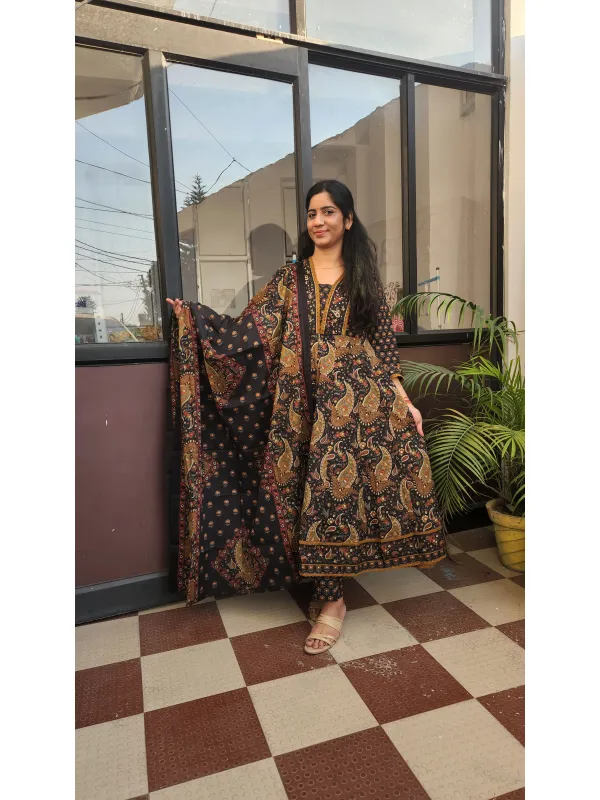 Elegant Black & Brown Cotton Anarkali Kurti Set with Dupatta