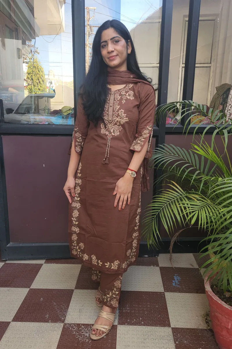 Pure Cotton Embroidered Straight Kurti Set with Dupatta – Coffee Brown - image 3