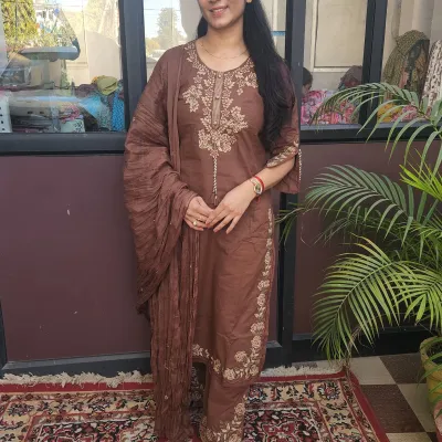 Pure Cotton Embroidered Straight Kurti Set with Dupatta – Coffee Brown