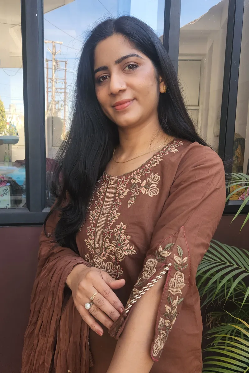 Pure Cotton Embroidered Straight Kurti Set with Dupatta – Coffee Brown - image 2