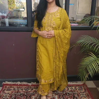 Pure Cotton Embroidered Straight Kurti Set with Dupatta – Olive Green