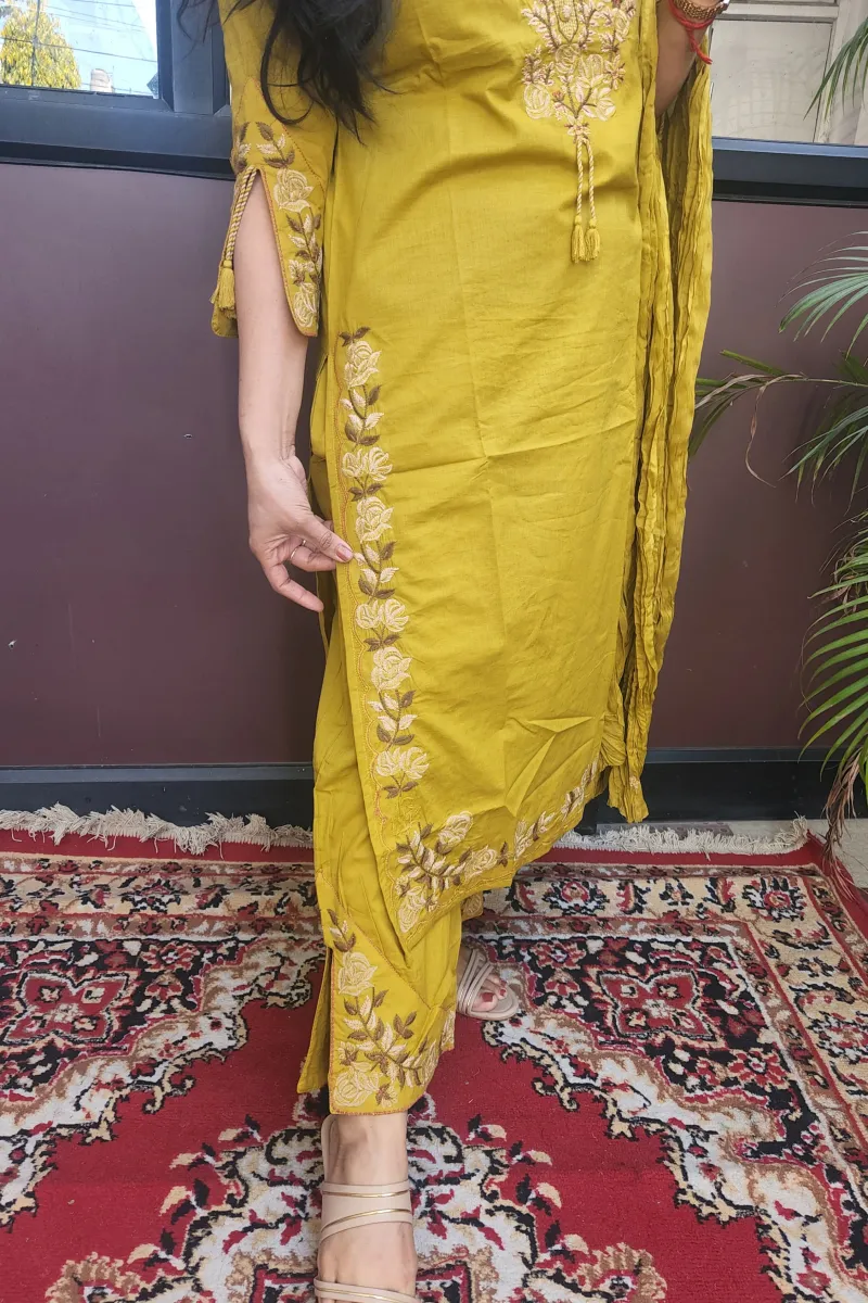 Pure Cotton Embroidered Straight Kurti Set with Dupatta – Olive Green - image 3