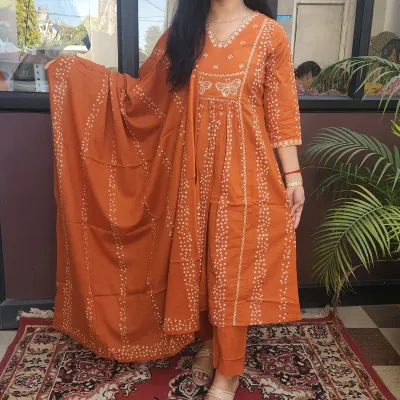 Elegant Orange Printed Kurti Set in Pure Cotton