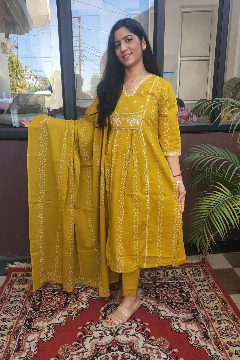 Radiant Yellow A-line Kurti Set with White Embroidery in Pure Cotton - image 2