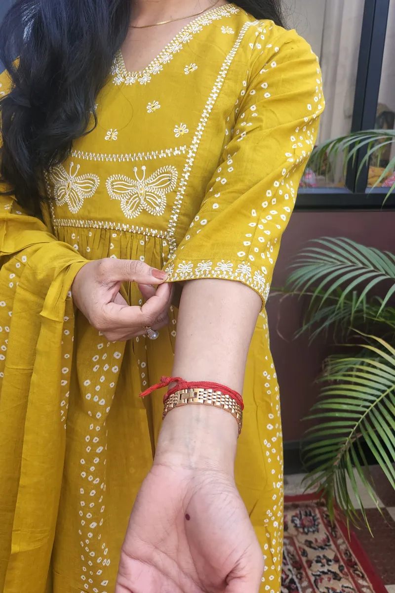 Radiant Yellow A-line Kurti Set with White Embroidery in Pure Cotton - image 3