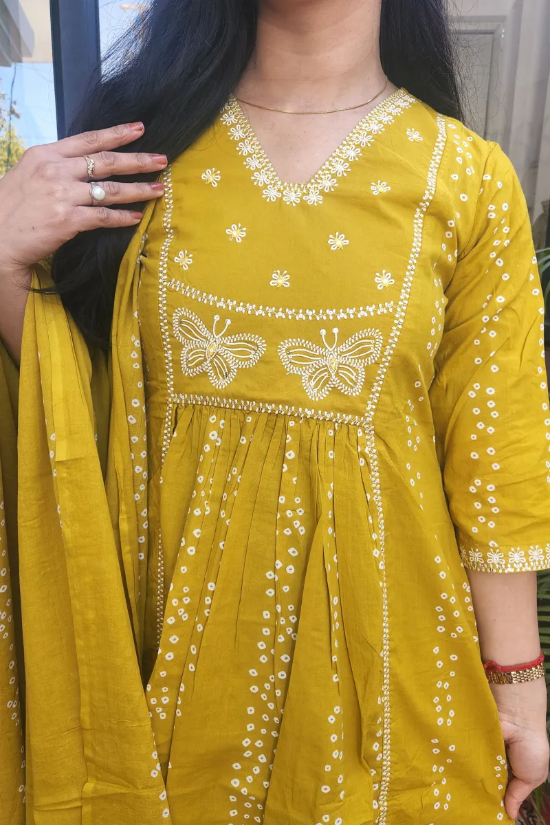 Radiant Yellow A-line Kurti Set with White Embroidery in Pure Cotton - image 4