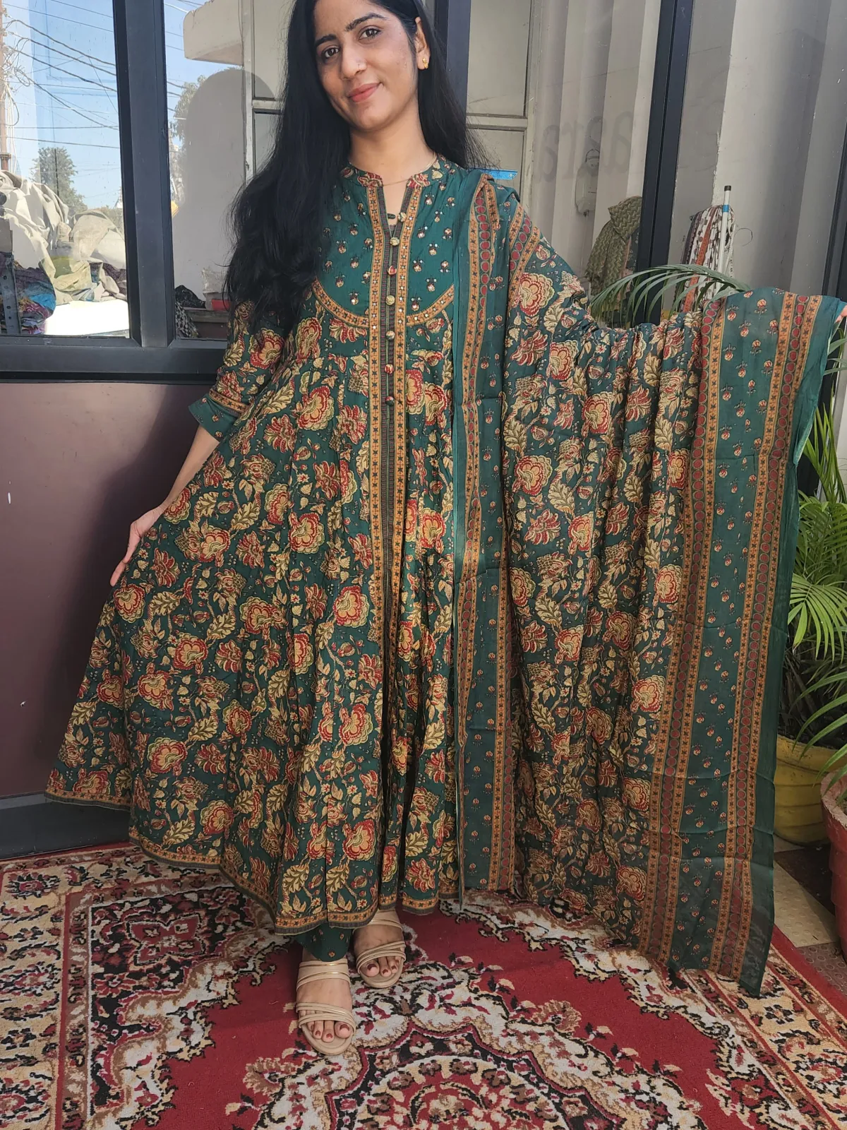 Pure Cotton Printed Anarkali Kurti Set with Dupatta – Bottle Green - image 1