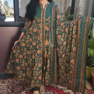 Pure Cotton Printed Anarkali Kurti Set with Dupatta – Bottle Green