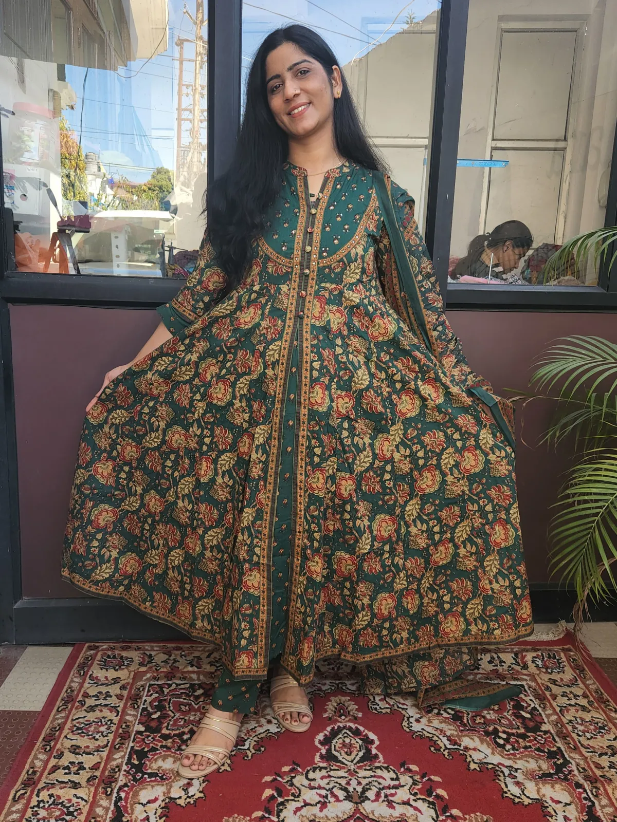 Pure Cotton Printed Anarkali Kurti Set with Dupatta – Bottle Green - image 2