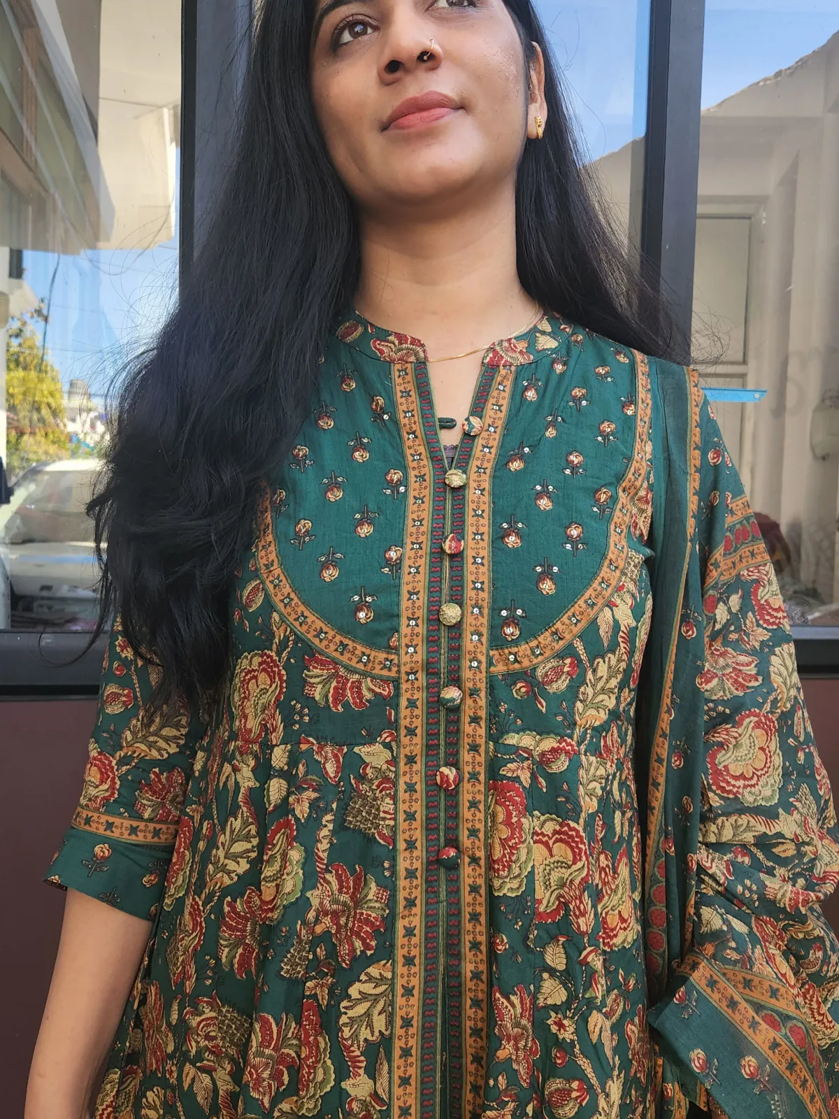 Pure Cotton Printed Anarkali Kurti Set with Dupatta – Bottle Green - image 4