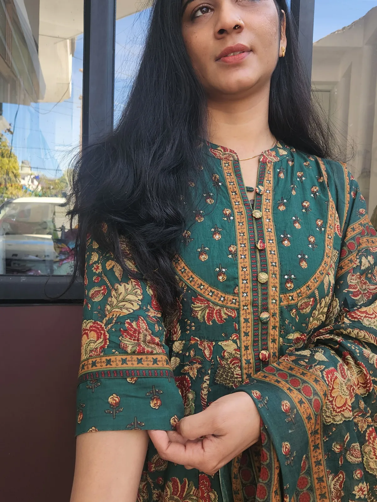 Pure Cotton Printed Anarkali Kurti Set with Dupatta – Bottle Green - image 3