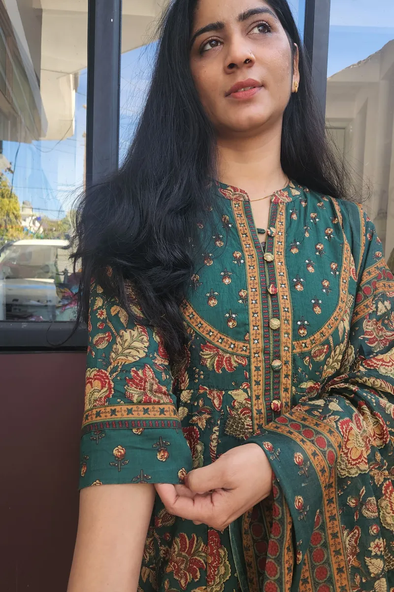 Pure Cotton Printed Anarkali Kurti Set with Dupatta – Bottle Green - image 3