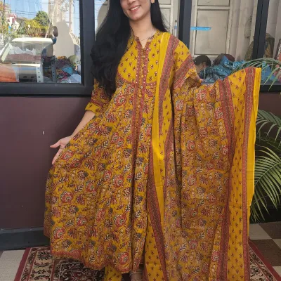 Pure Cotton Printed Anarkali Kurti Set with Dupatta – Mustard Yellow