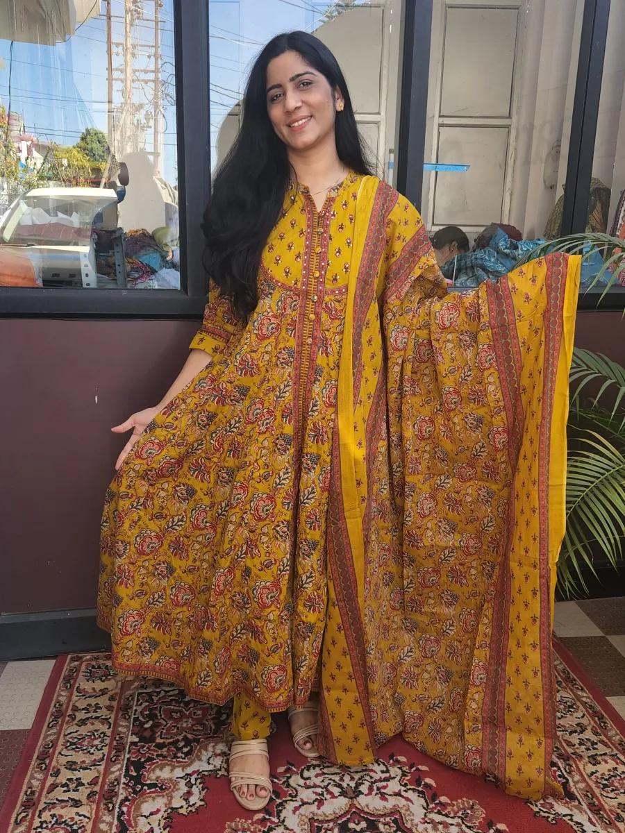 Pure Cotton Printed Anarkali Kurti Set with Dupatta – Mustard Yellow