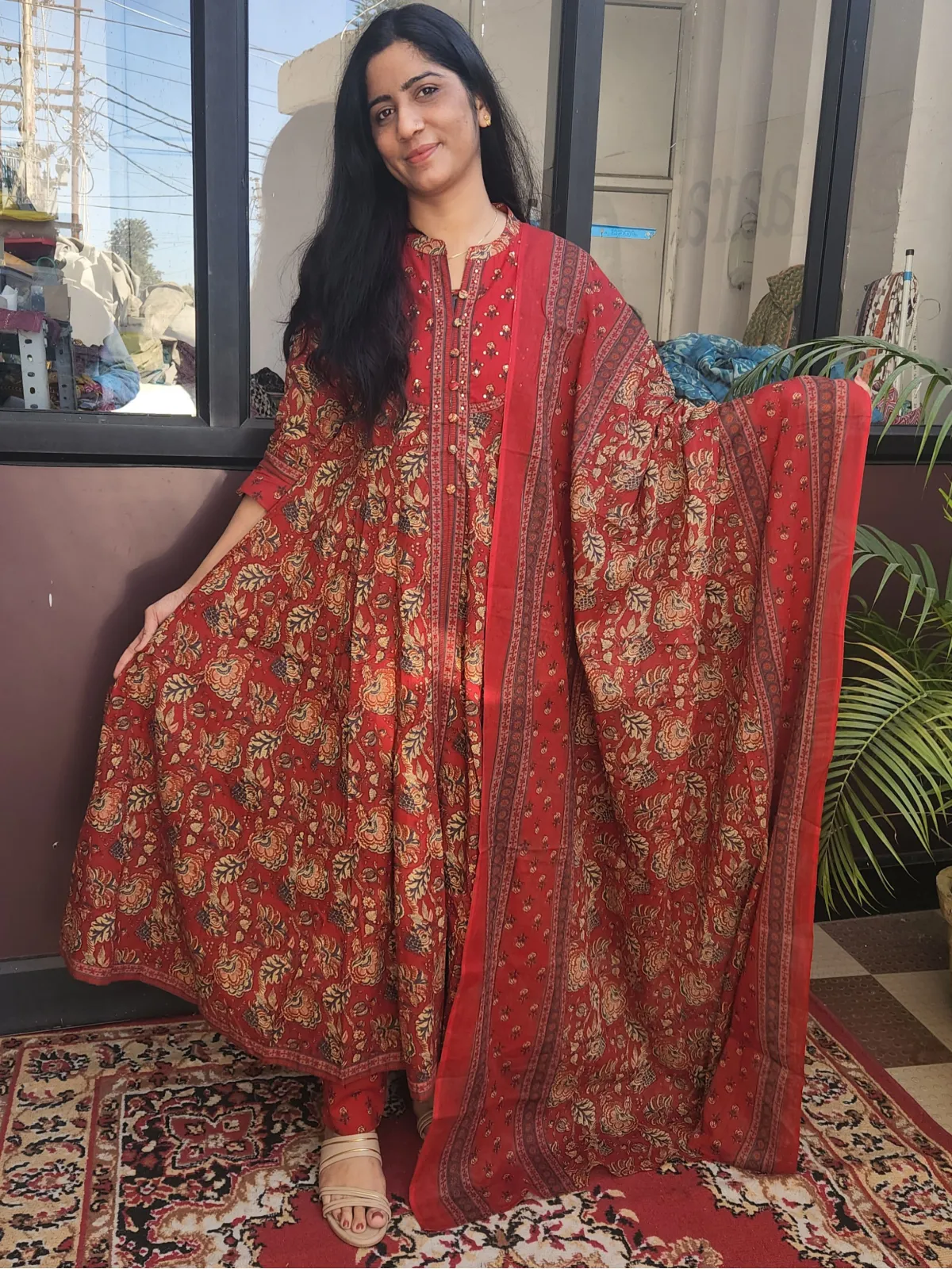 Pure Cotton Printed Anarkali Kurti Set with Dupatta – Red - image 1