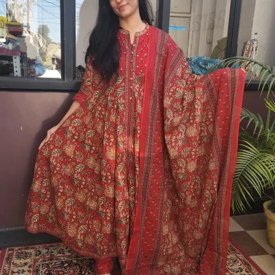 Pure Cotton Printed Anarkali Kurti Set with Dupatta – Red