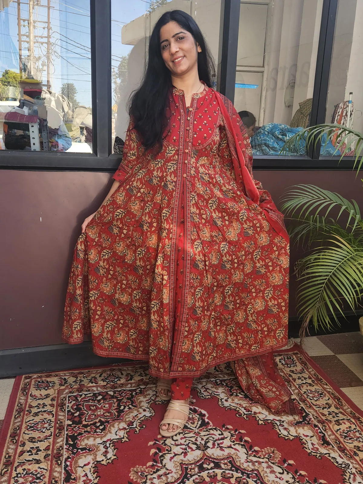 Pure Cotton Printed Anarkali Kurti Set with Dupatta – Red - image 2