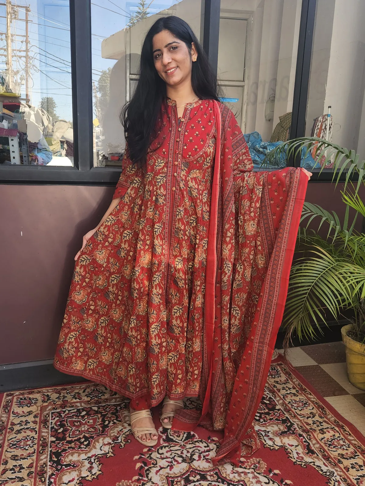 Pure Cotton Printed Anarkali Kurti Set with Dupatta – Red - image 4