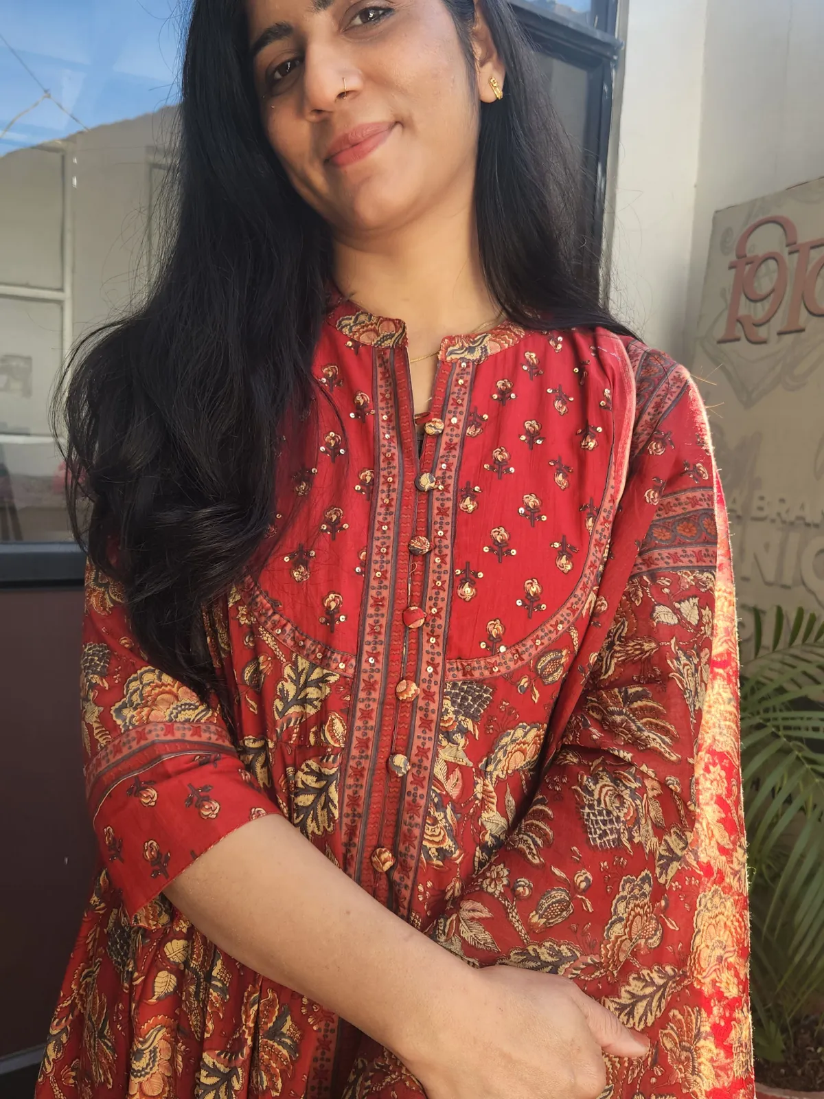 Pure Cotton Printed Anarkali Kurti Set with Dupatta – Red - image 3