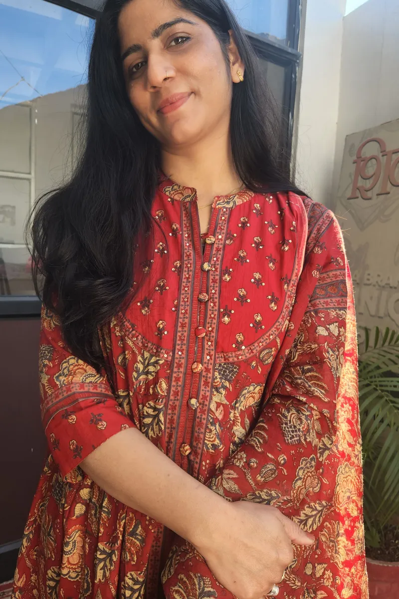 Pure Cotton Printed Anarkali Kurti Set with Dupatta – Red - image 3