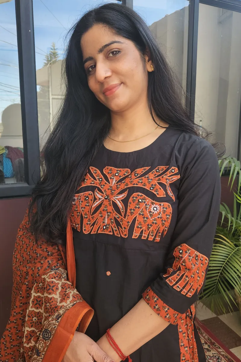 Elegant Black Cotton Kurti Set with Applique Work - image 3