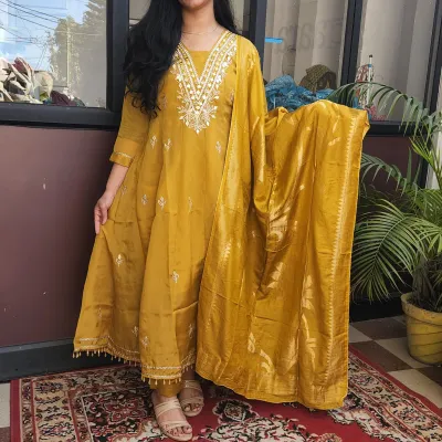 Elegant Mustard Yellow Tissue Silk Kurti Set with Embroidery