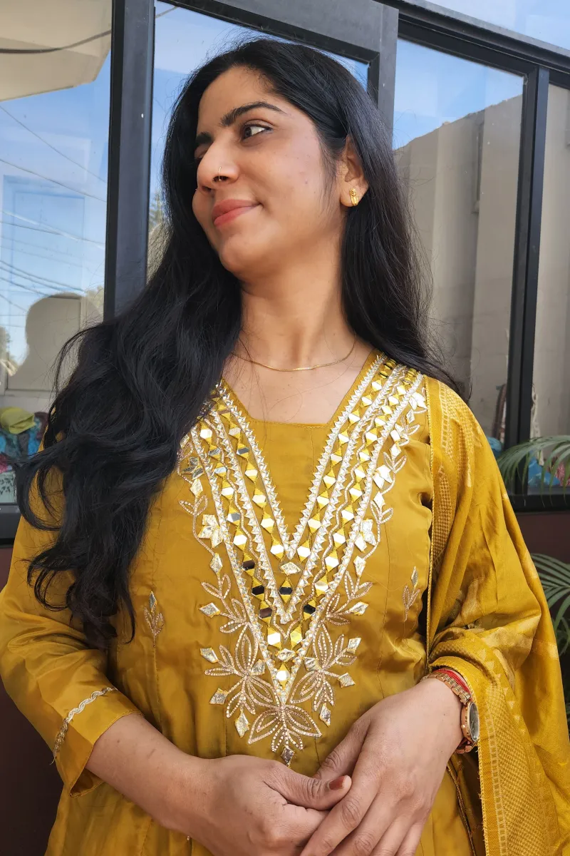 Elegant Mustard Yellow Tissue Silk Kurti Set with Embroidery - image 5