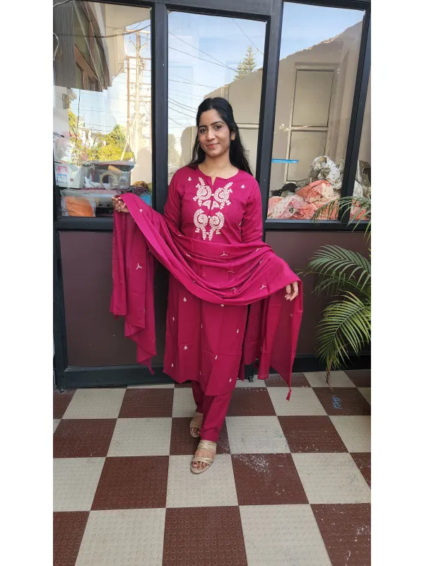 Elegant Deep Pink Straight Kurti Set with Embroidery in Pure Cotton