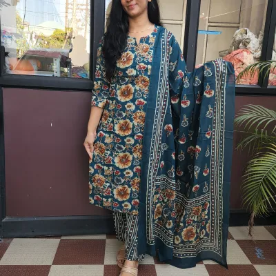 Elegant Dark Teal Cotton Kurti Set with Floral Print
