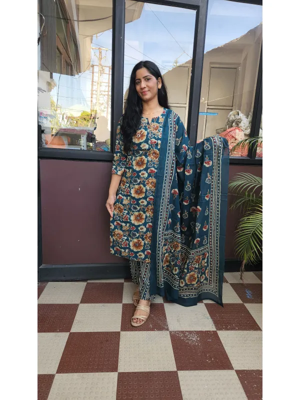 Elegant Dark Teal Cotton Kurti Set with Floral Print