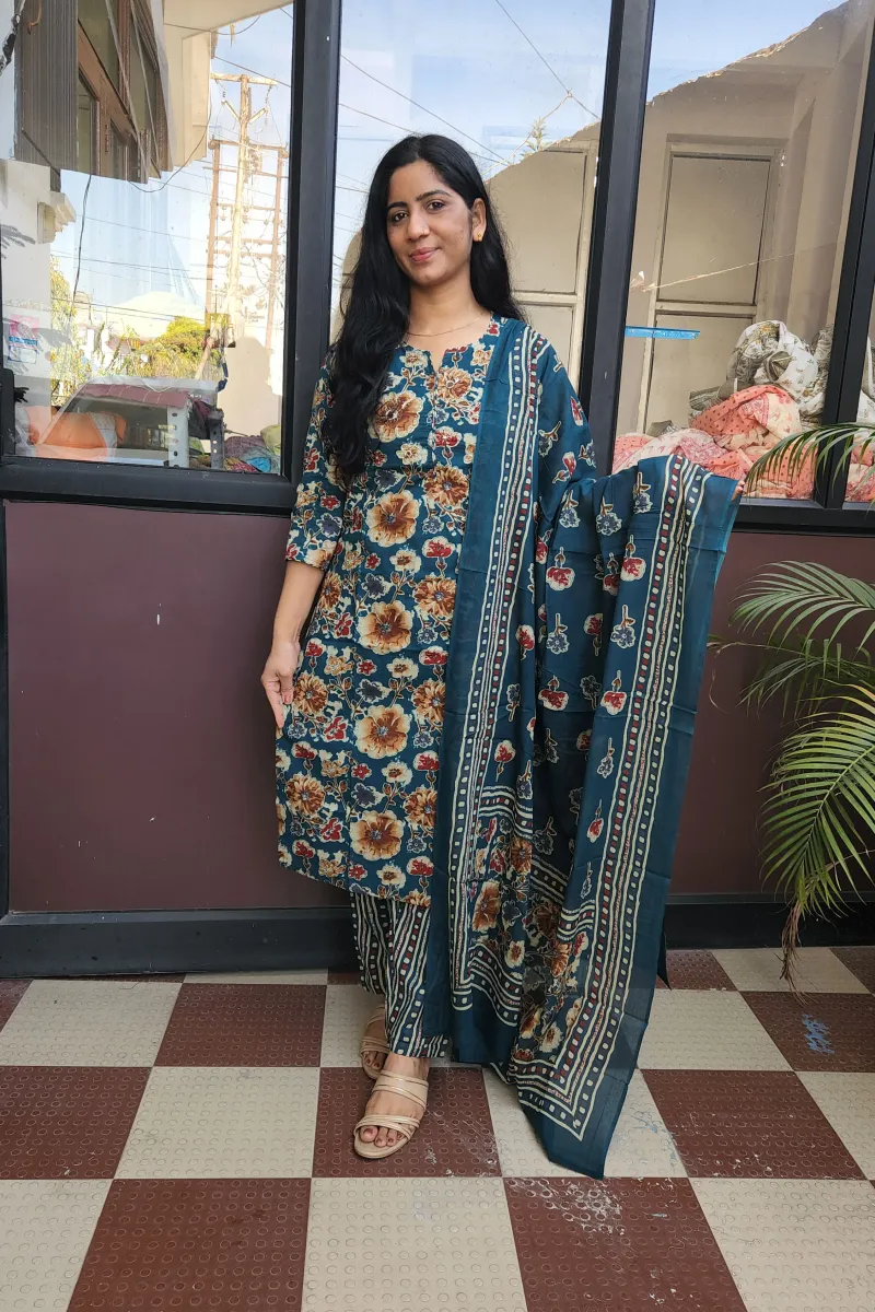 Elegant Dark Teal Cotton Kurti Set with Floral Print - image 2