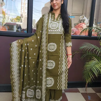 Elegant Olive Green Cotton Kurti Set with Hand Embroidery