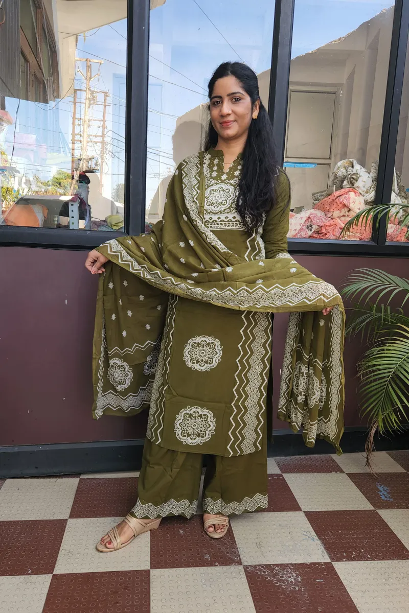 Elegant Olive Green Cotton Kurti Set with Hand Embroidery - image 2