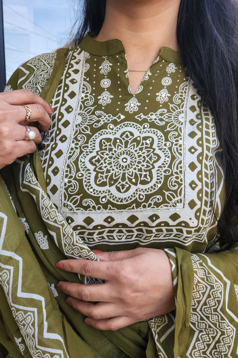Elegant Olive Green Cotton Kurti Set with Hand Embroidery - image 3