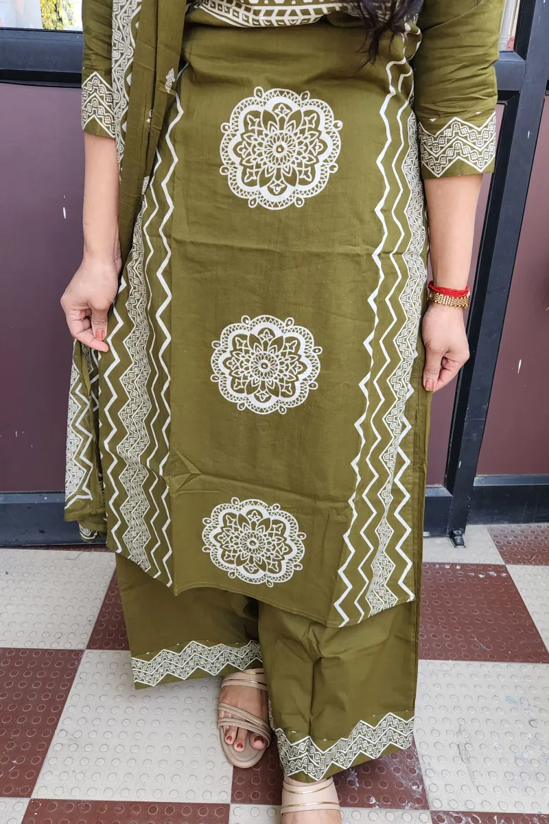 Elegant Olive Green Cotton Kurti Set with Hand Embroidery - image 4