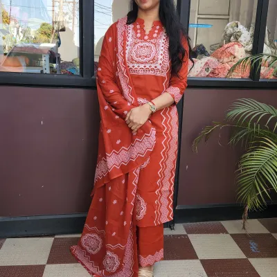 Elegant Rust Orange Cotton Straight Kurti Set with Dupatta