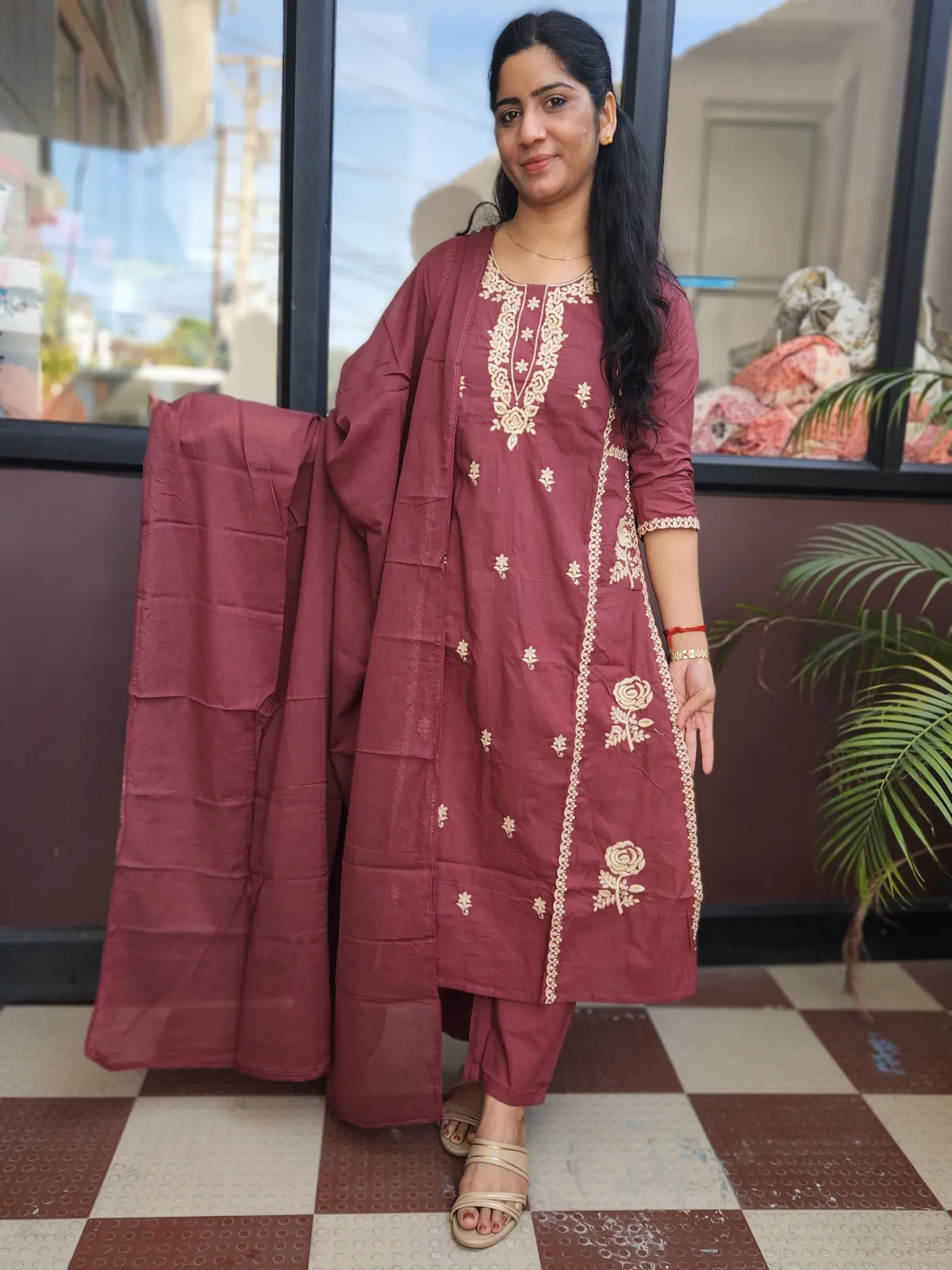 Elegant Wine Burgundy Embroidered Kurti Set in Pure Cotton - image 1