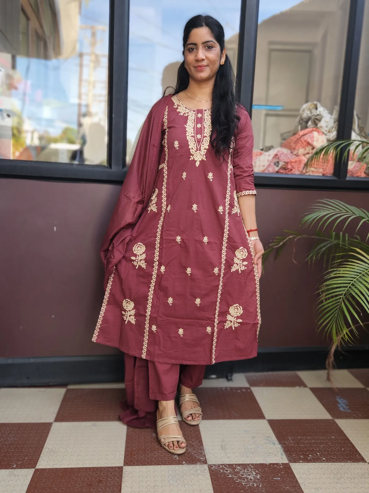 Elegant Wine Burgundy Embroidered Kurti Set in Pure Cotton - image 2