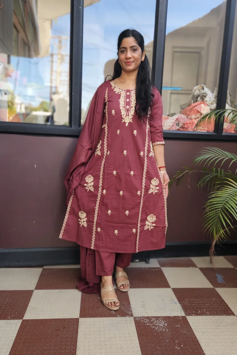 Elegant Wine Burgundy Embroidered Kurti Set in Pure Cotton - image 2