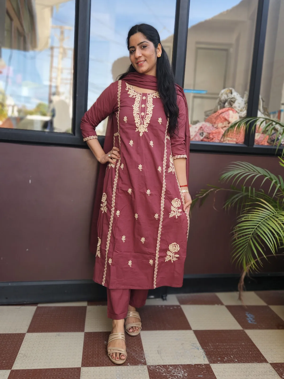 Elegant Wine Burgundy Embroidered Kurti Set in Pure Cotton - image 3