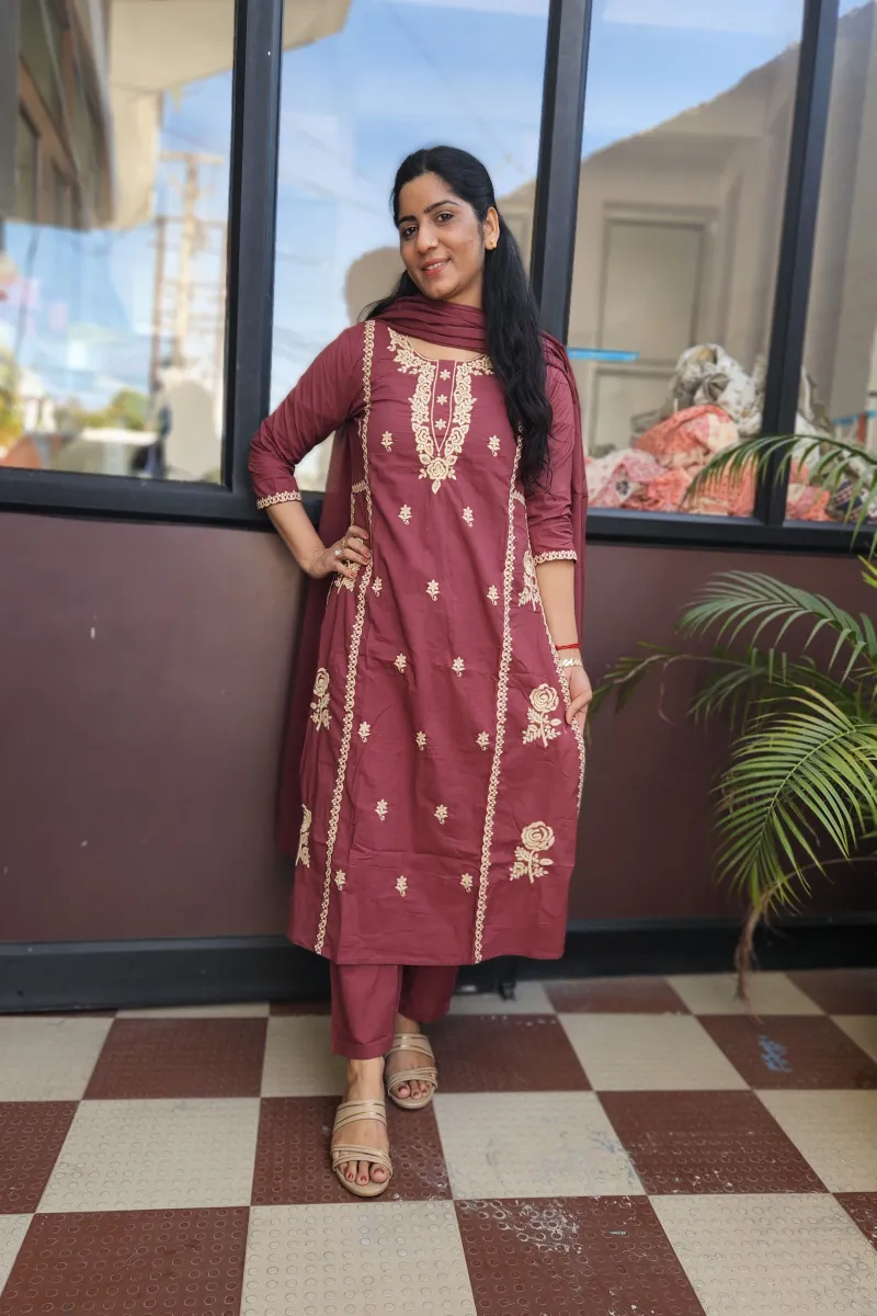 Elegant Wine Burgundy Embroidered Kurti Set in Pure Cotton - image 3