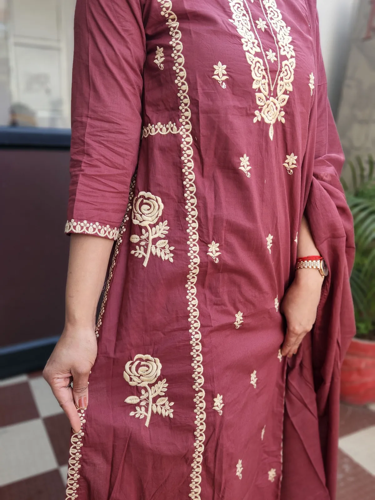 Elegant Wine Burgundy Embroidered Kurti Set in Pure Cotton - image 4