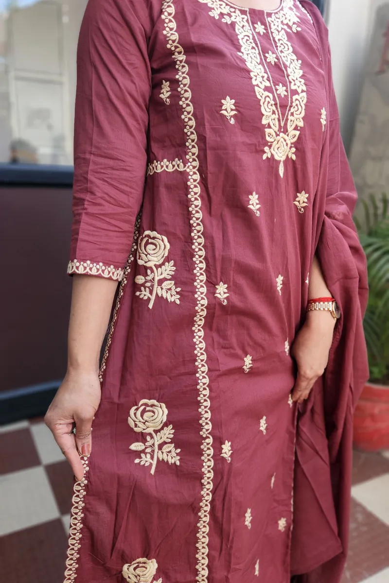 Elegant Wine Burgundy Embroidered Kurti Set in Pure Cotton - image 4