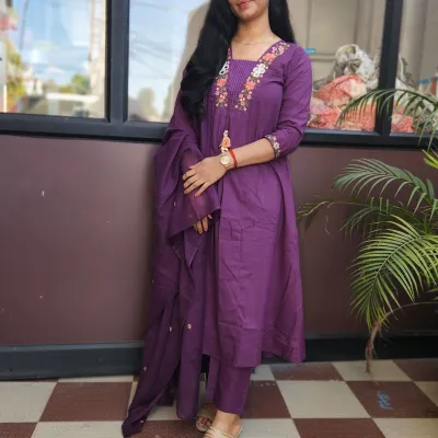 Pure Cotton A-Line Kurti Set with Dupatta – Royal Purple