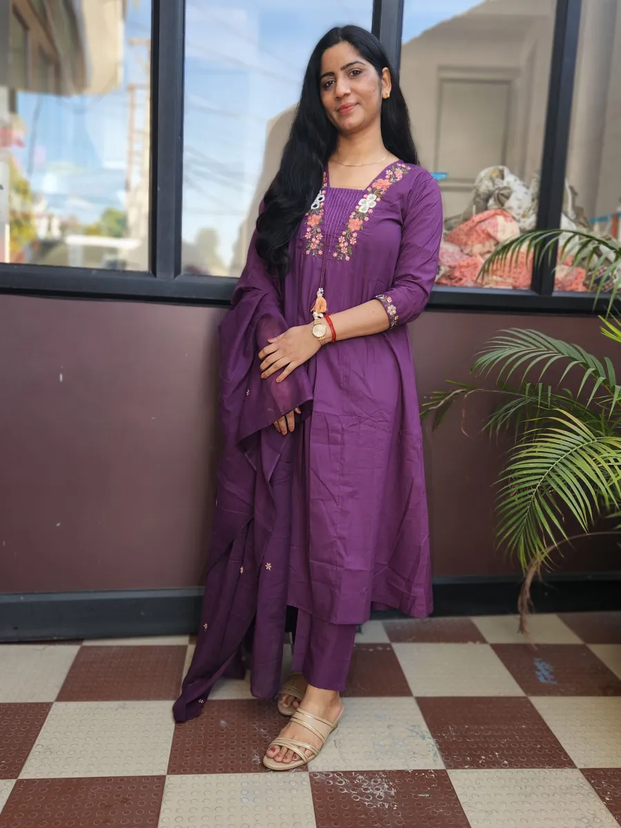 Pure Cotton A-Line Kurti Set with Dupatta – Royal Purple
