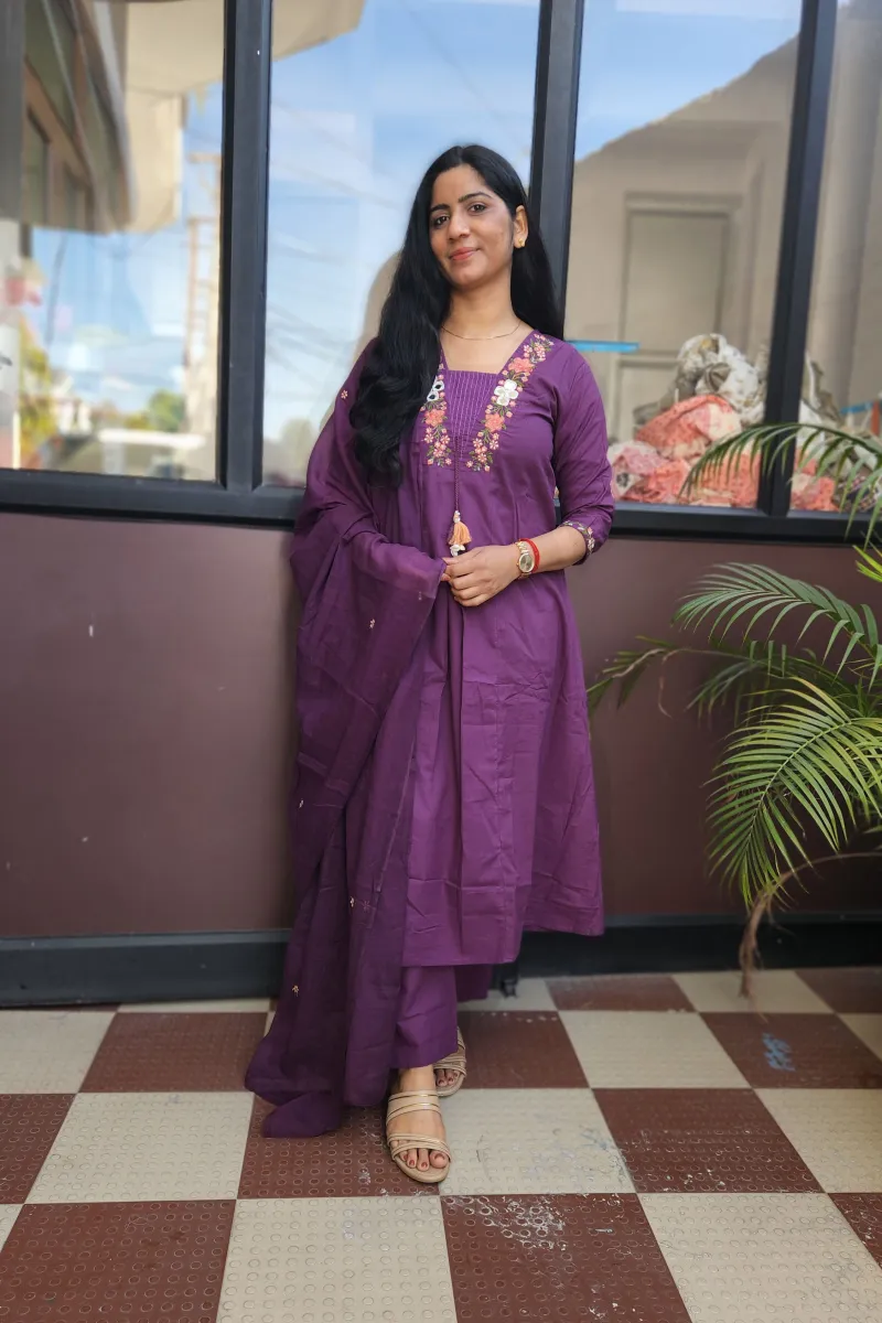 Pure Cotton A-Line Kurti Set with Dupatta – Royal Purple - image 2